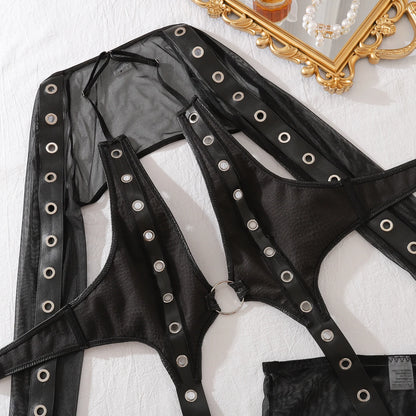 2025 Sexy Hottie Bra Set Punk Style Studded Party Fashion Club Rave Costume Erotic Lingerie Wrap Skirt four-piece Set