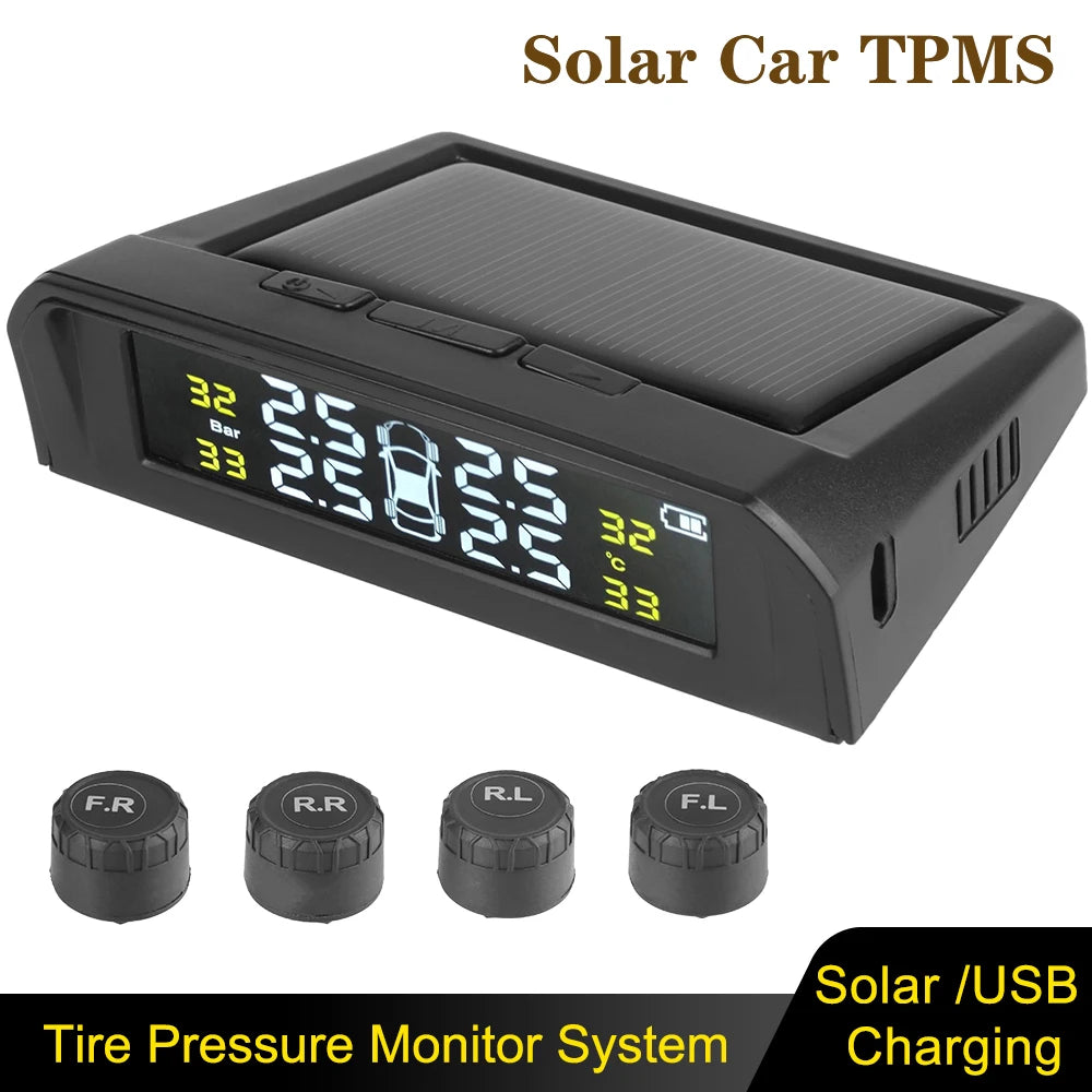 USB Solar Powered Intelligent Temperature Warning LCD Display + 4 External Sensors Car TPMS Wireless Tire Pressure System