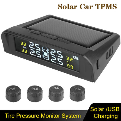 USB Solar Powered Intelligent Temperature Warning LCD Display + 4 External Sensors Car TPMS Wireless Tire Pressure System