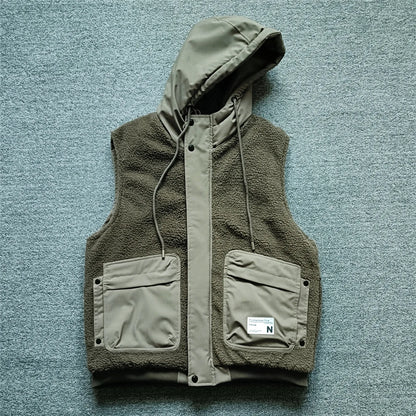 Warmth And Style Men's Autumn Winter Lamb Velvet Hooded Vest Jacket Casual Handsome Shoulder Bared Zipper Workwear Cotton Vest