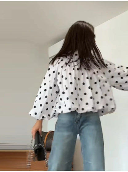 2026 New Women's Two-tone Polka Dot Shirt Mandarin Collar Puff Sleeve Backless Lace-up Spring Summer Loose Casual Fashion Top