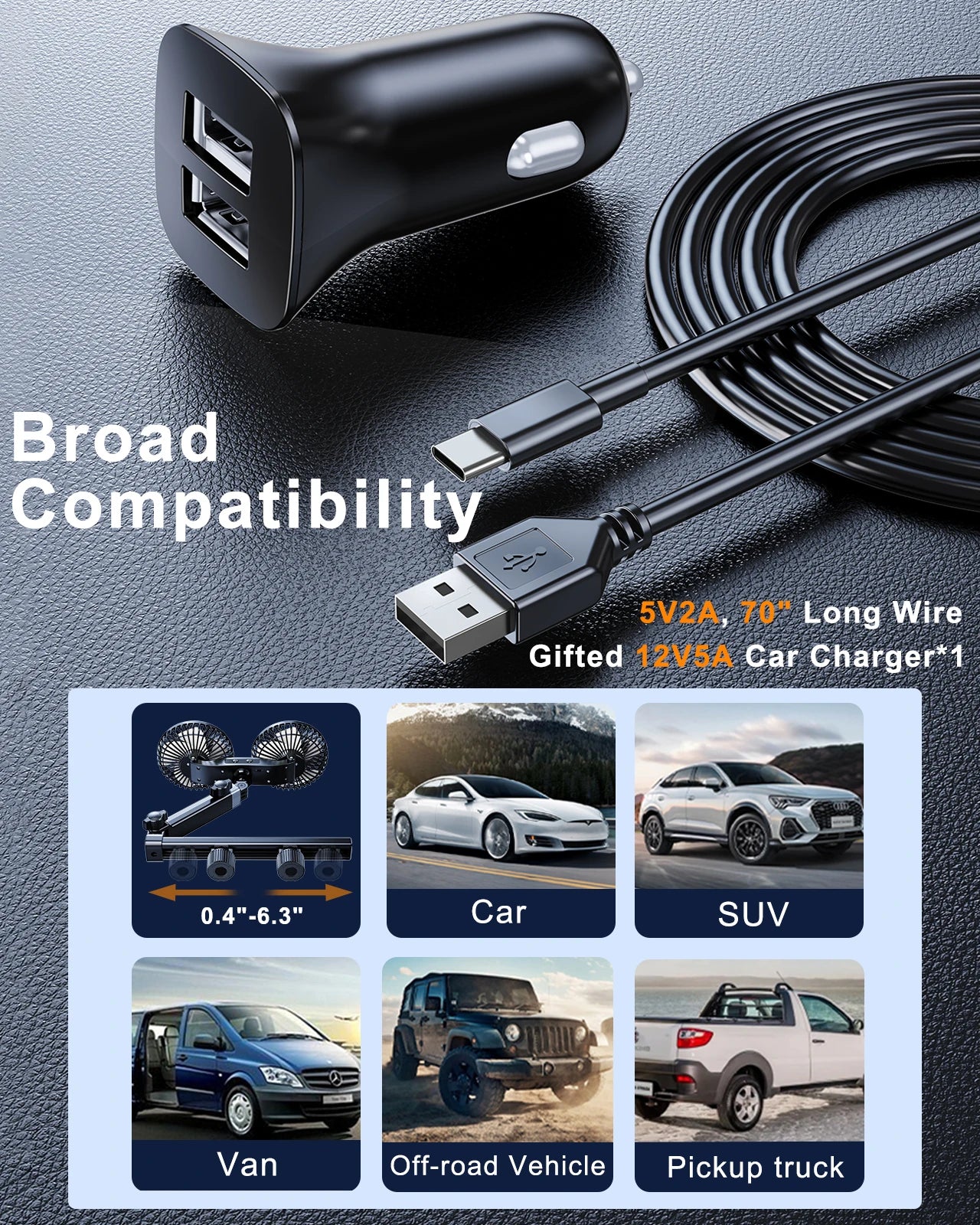 Hipacool 2024 Upgrade Car Fan Plug-in Or Battery Dual-Head Fan Strong Wind Quiet Sound Car Storgae Hook Flexible Car Cooling Fan