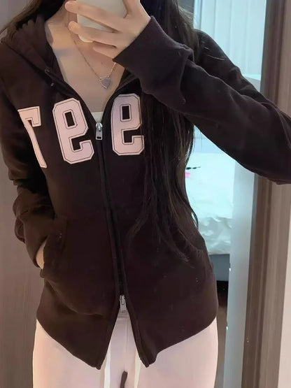 1977 Letter Embroidery Slim Zip-up Hoodies Women Autumn Long Sleeve Zipper Sweatshirts Sweet Vintage Casual Athletic Outerwear