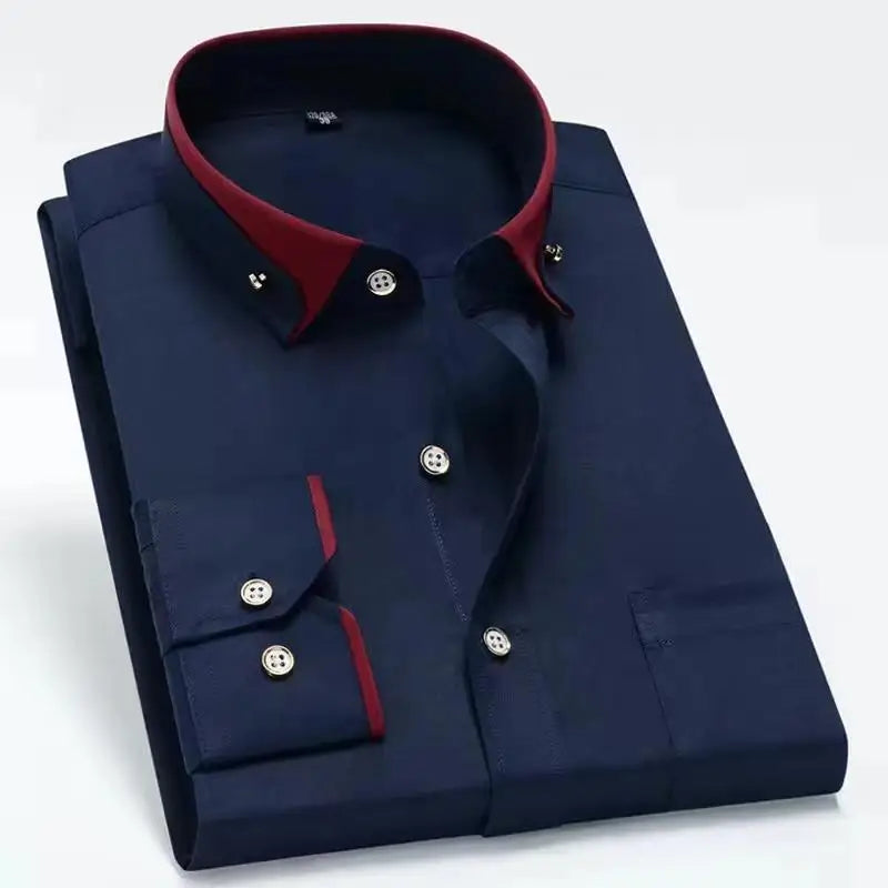Fashion Color Contrast Men's Elastic Non-iron Long-sleeved Business Shirts Diamond Button Single Pocket Comfort Workwear Clothes
