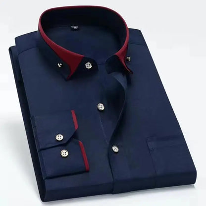 Fashion Color Contrast Men's Elastic Non-iron Long-sleeved Business Shirts Diamond Button Single Pocket Comfort Workwear Clothes