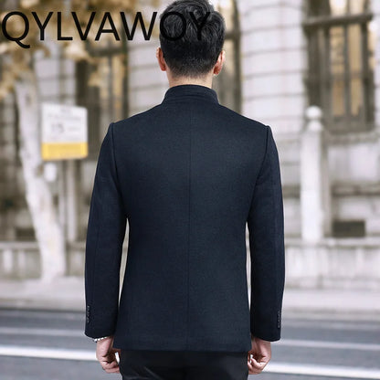 QYLVAWOY Men's Wool and Trench Coats Man Jacket Cashmere Stand Collar Jackets Goose Down Liner Thicken Clothes for Man High-end
