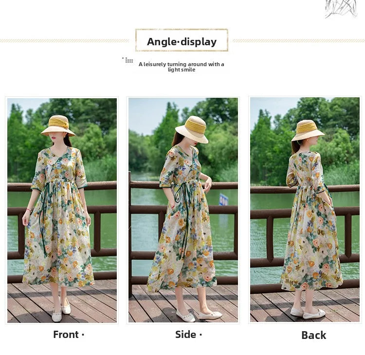 Women's Long Skirt Drawstring Waist Hemp Print A-Line Dress Korean Style Commute Flower Pattern V-Neck Summer Dress