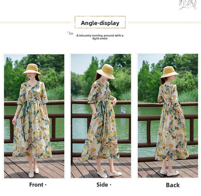 Women's Long Skirt Drawstring Waist Hemp Print A-Line Dress Korean Style Commute Flower Pattern V-Neck Summer Dress