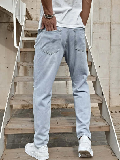 Men's Ripped Non-Stretch Jeans - Distressed Streetwear Loose Fit Denim, Hip-hop Style Regular Length All-Season Comfort