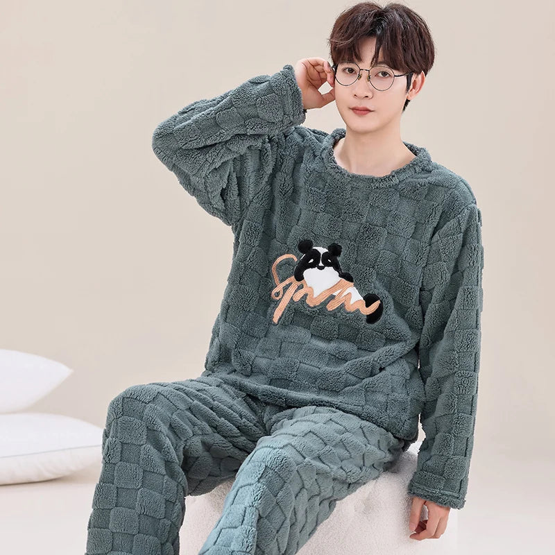 Pajama Set Men O-neck Long Sleeve Striped Comfortable Warm Flannel Mens Pajamas Big Yards XXXL Korean Style Home Clothing Casual