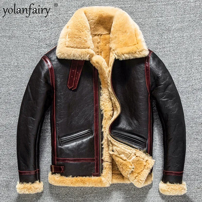 2023 Men's Real Fur Aviator Leather Jacket High Quality B3 Thick Winter Heavy Bomber Jackets For Men Retro Sheepskin Wool Coats