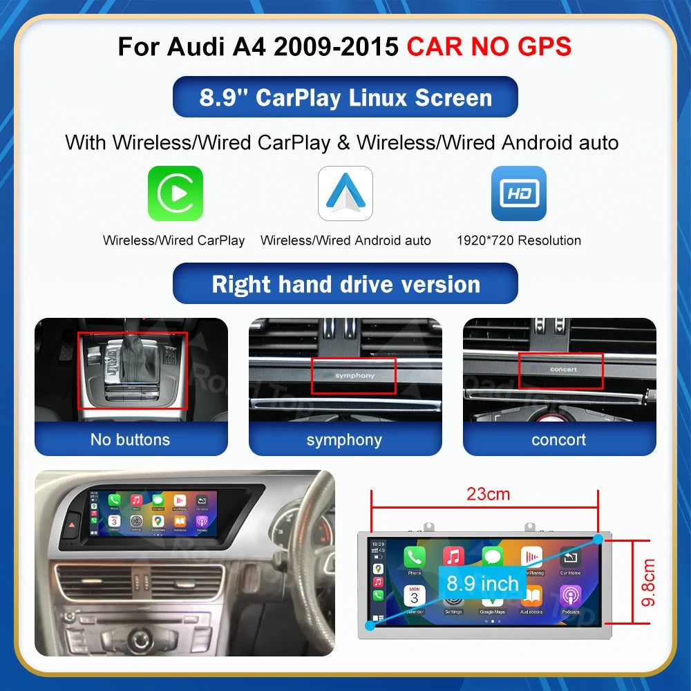 CN Road Top 8.9 12.3'' Touch Screen Multimedia Player Andriod Auto Link For Audi A4 S4 B8 2009-2015 GPS Carplay Display Car Play