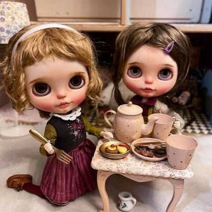 Aizulhomey Dollhouse Furniture Metal Tea Pot Set 7 pcs For Blythe OB24 BJD Dollhouse Accessories Mini Kitchen Toys Gifts