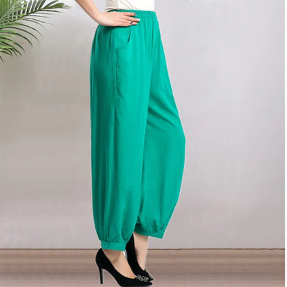 High Waist Lantern Pants Casual Cotton Silk Large Size Printed Long Trousers for Middle-Aged And Elderly Women