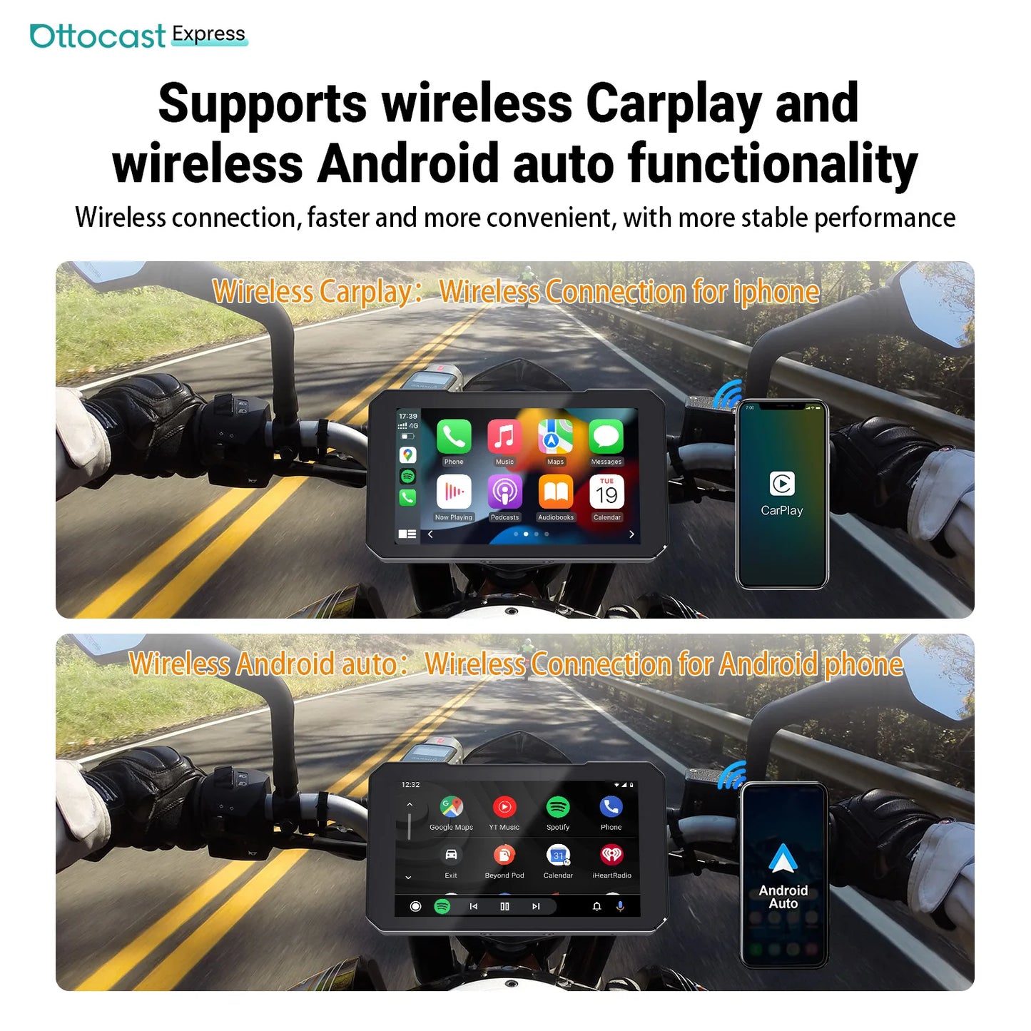 Ottocast Express Motorcycle Display 6.0 inch IP67 Waterproof GPS Wireless Carplay Android Auto DVR Drive Recorder Moto Monitor
