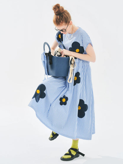 imakokoni 2024 Summer New Plush Flower Sleeve Blue Loose Dress 265495