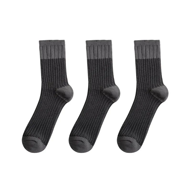Maden Men's American Retro Contrast Knitted Mid Tube 3 Pairs Socks With Breathable Thick Thread Splice Double Needle Long Socks