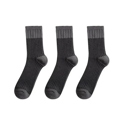 Maden Men's American Retro Contrast Knitted Mid Tube 3 Pairs Socks With Breathable Thick Thread Splice Double Needle Long Socks
