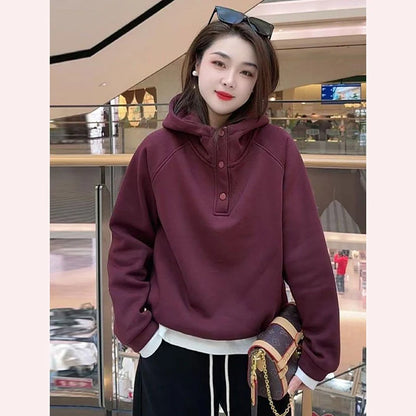 New Women's Hooded Sweatshirt Fleece Lined Thickened Warm Casual Loose Lazy Style Top for Winter Fashion Small Stature