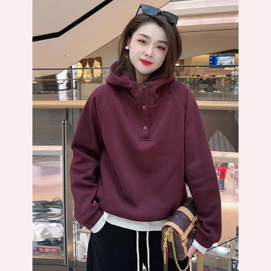 New Women's Hooded Sweatshirt Fleece Lined Thickened Warm Casual Loose Lazy Style Top for Winter Fashion Small Stature