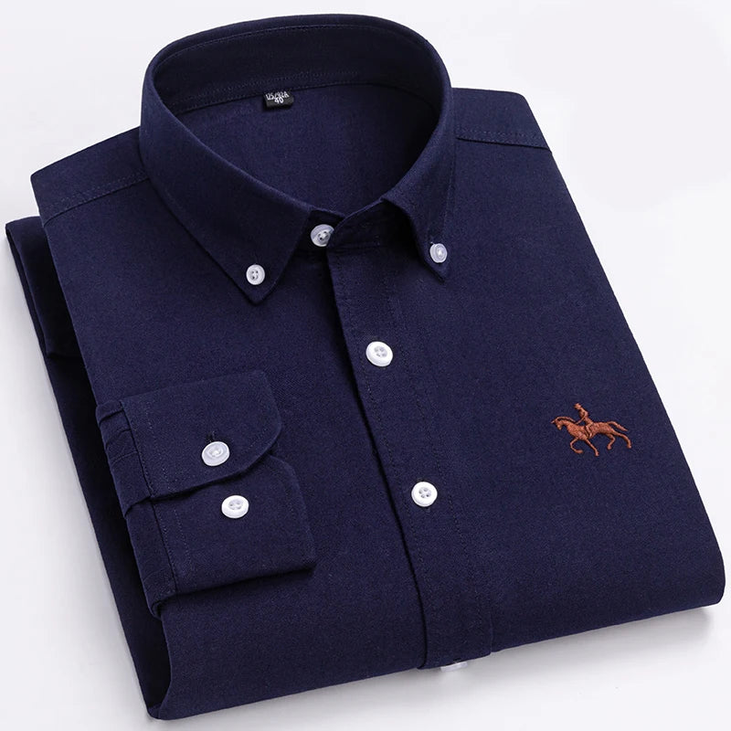 Quality 100% Cotton Oxford Shirt For Mens Long Sleeve Casual Business Regular-Fit Formal Dress Shirts Social Blouse Male Clothes