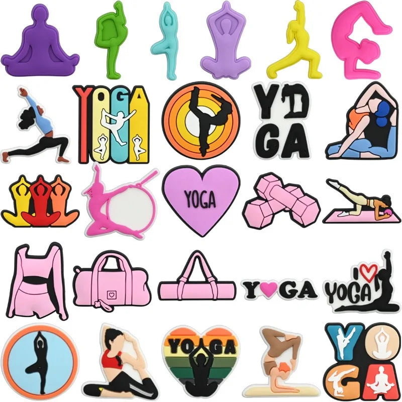 26-100Pcs I Love Yoga Sports PVC Shoe Charms Yoga Postures Woman Sandals Buckle Accessories For Birthday Gifts