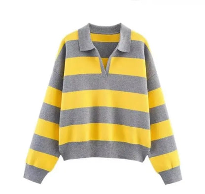 JNLEAOG Fashionable Striped Knitted  Shirt Women's Loose Fit Classic Pattern Long Sleeve Youthful Vitality Autumn New Arr...