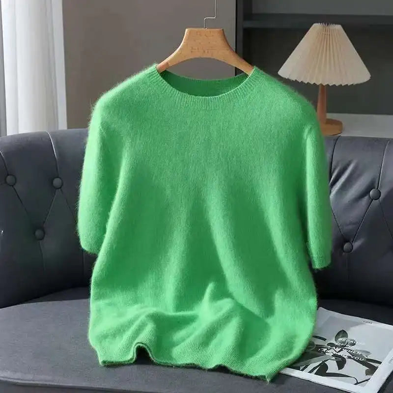 Spring Autumn 100% Mink Cashmere Short Sleeve Men's T-Shirt Loose O-Neck Solid Color Knit Sweater Casual Business Base Pullover