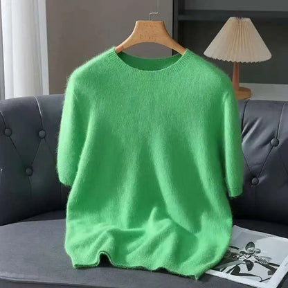Spring Autumn 100% Mink Cashmere Short Sleeve Men's T-Shirt Loose O-Neck Solid Color Knit Sweater Casual Business Base Pullover