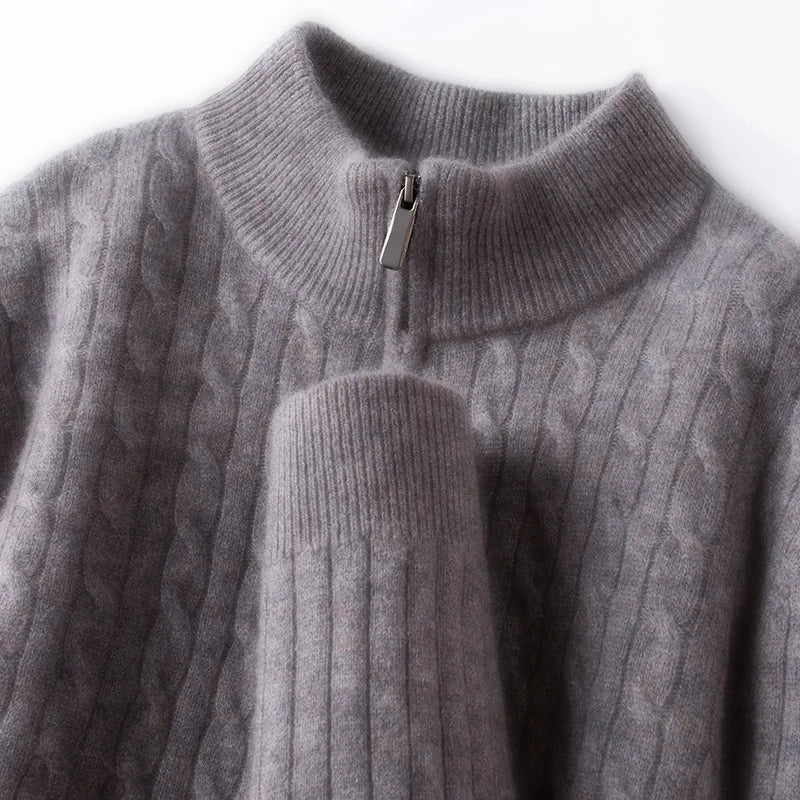 410g Pure Wool Sweater Men's, Thickened Anti-Pilling, Semi-Zip High Neck, Old Money Luxury Style