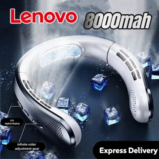 Lenovo 8000mAh Hanging Neck Fan Portable Bladeless USB Rechargeable Mute LED Digital Display Electric Air Cooler USB Handheld