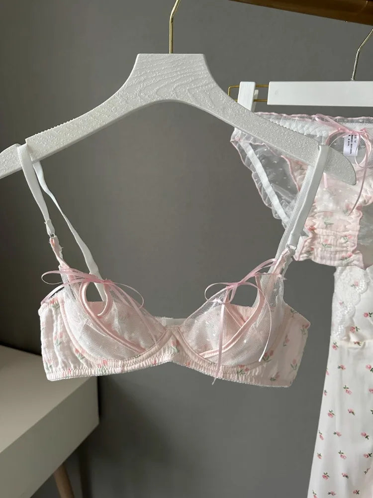 YUQI Kawaii Lace Bralette Set Japanese Floral Mesh Underwear Summer Ultra-Thin Lace-Up Cutout Romantic Bra 2024 New Kawaii set