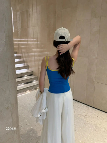Summer New Pure Desire Letter Print Splice Strap Vest Slimming Color Block One-Piece Women's Vest with Chest Pad U-Neck Nylon
