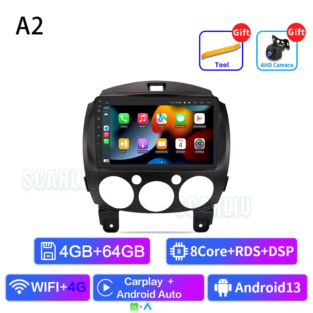 SCARLIU for Mazda 2 2007-2014 Multimedia Video Player 4G WIFI GPS Navigation Carplay DVD Head Unit 2 Din Android 16 Car Radio