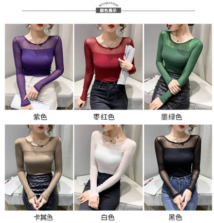 Autumn Winter Round Neck T shirt Women Sexy Mesh Bottoming Shirt Long Sleeve Solid Color Slim Fit Long Sleeve Casual Tops