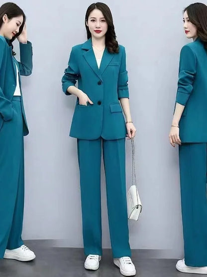 Spring 2026 plus Size Suit Set Loose Wide Leg Pants Two Piece Set Korean Style Commute Casual High Waist Polyester Fiber
