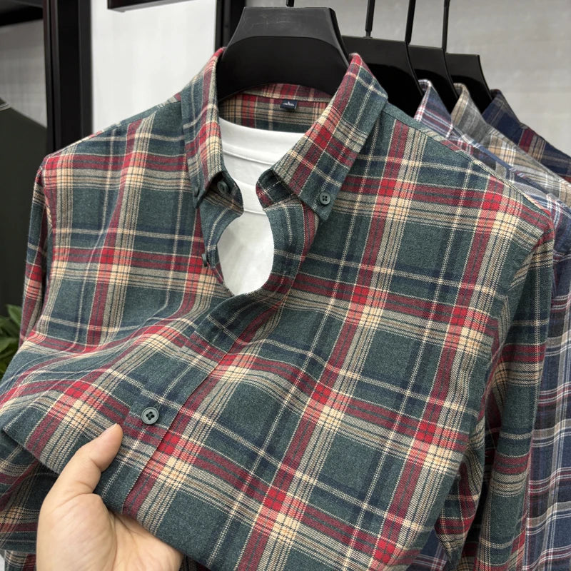 Cotton Plaid Shirt Men's Long Sleeved Spring New Loose Casual Jacket, Brushed and Iron Free Shirt Men's Clothing