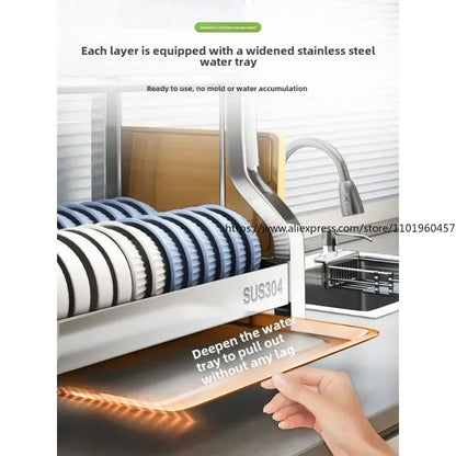 304 Stainless Steel Dish Storage Rack Kitchen Multifunctional Storage Dish Drain Rack Countertop Kitchen Accessories