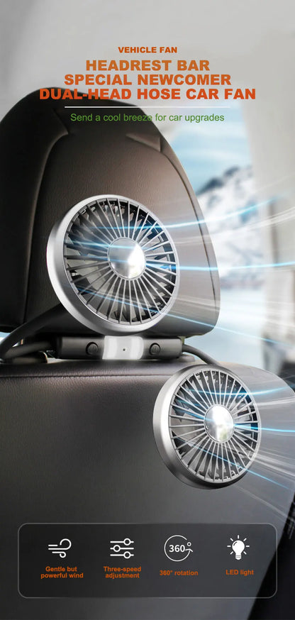 SEAMETAL Dual Head Car USB Fan Cooling Air Fan 3-Speed 360 Degree Adjustable Auto Headrest Fan for Summe Car Accessories