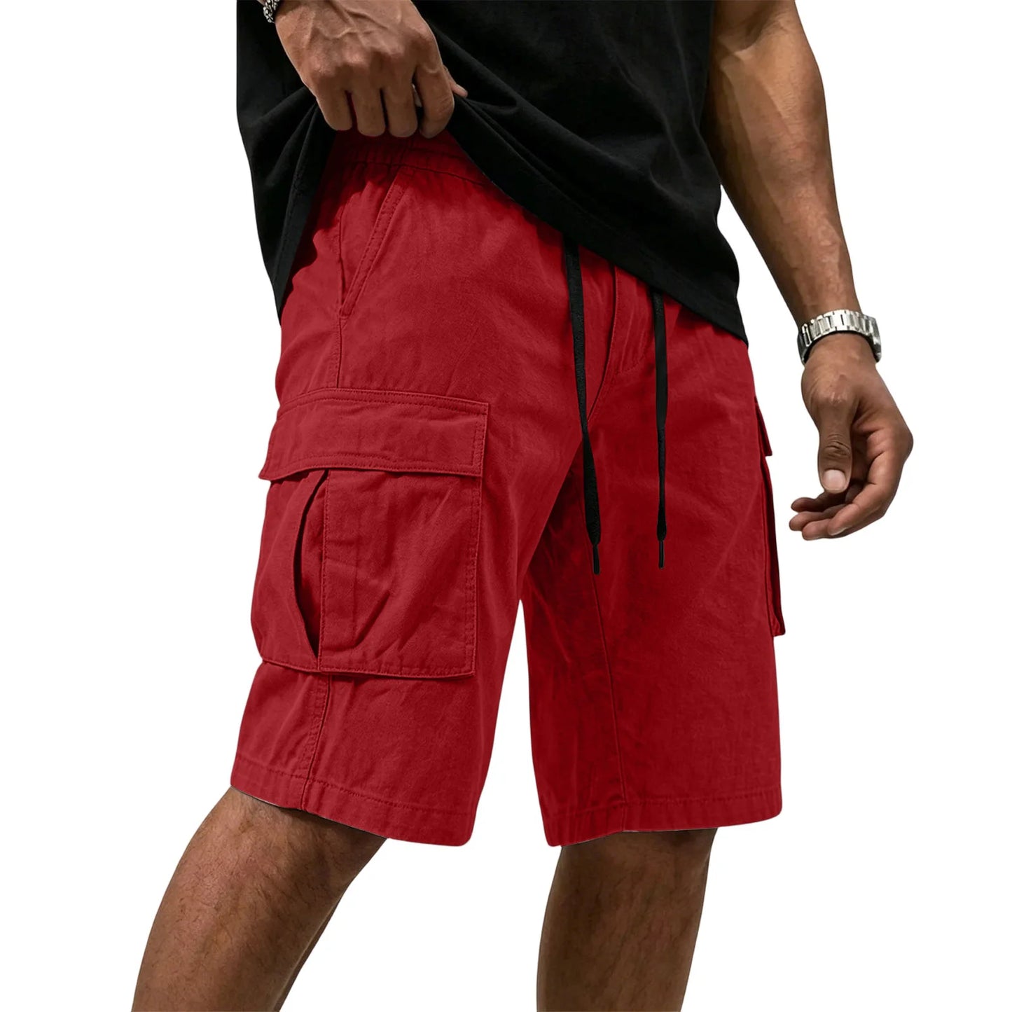 Men Multi-color Cargo Shorts Summer Loose Drawstring Elastic Waist Multi Pocket Quick Dry Casual Five Point Street Shorts
