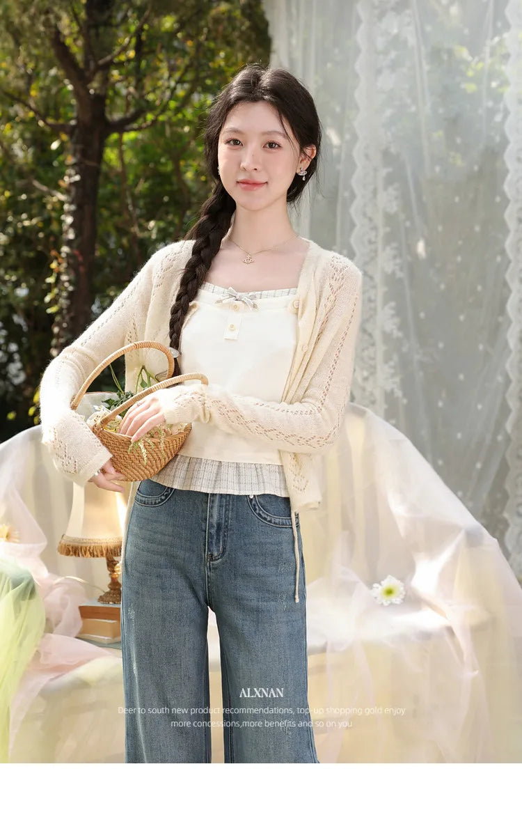 ALXNAN Cream Yellow Plaid Spliced Camisole Women 2026 Summer Elegant Sweet Beach Sleeveless Tops Casual Bow Design Camis L62323