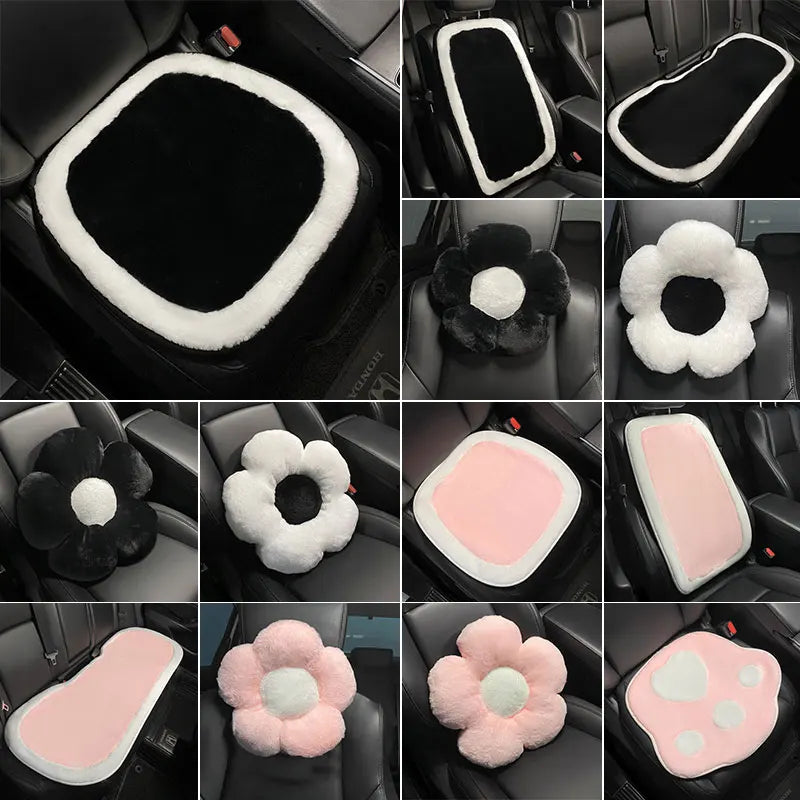 Winter New Cartoon Plush Car Cushion Simple Black White Thickened Anti Slip Women's Auto Seat Pad Cute Interior Modification