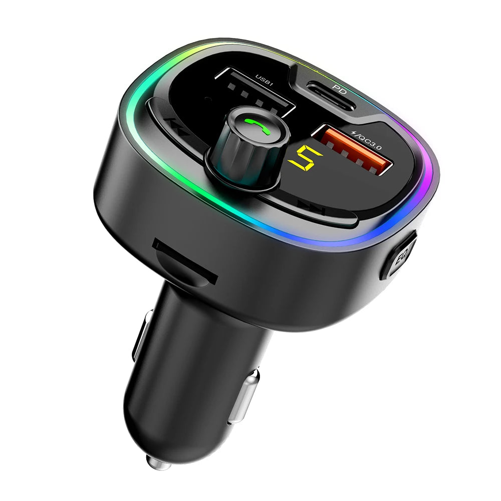 Car FM transmitter, wireless 5.0 QC3.0 & PD 18W USB-C car charger, RGB backlit car receiver, supports hands-free calls, Siri Goo