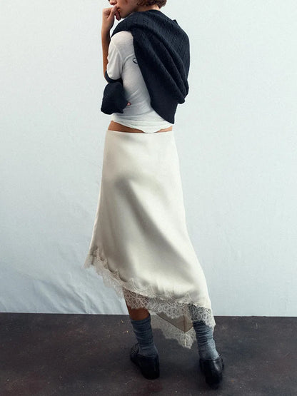 Winter New Arrival Women's Simple Versatile Mid-Waist Lace Trim Silk Satin Skirt Elegant Ethnic Stage Costume
