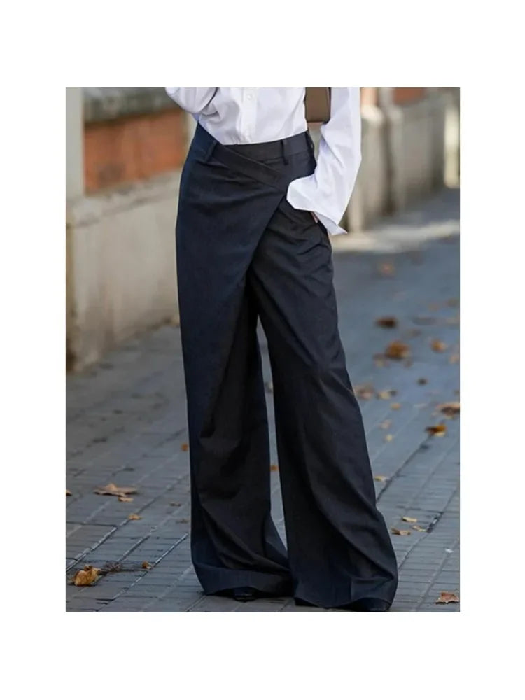 Modigirl Trendy Women's Suit Pants Autumn Spring Loose Wide Leg Asymmetric Solid Color Split-Joint High Waisted Formal Trousers