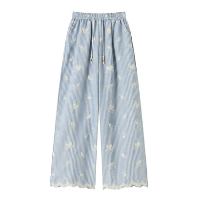 Vintage Blue Striped Embroidered Wide-leg Pants Women's Summer 2026 High-waisted Lace Stitching Casual Straight Trousers Popular