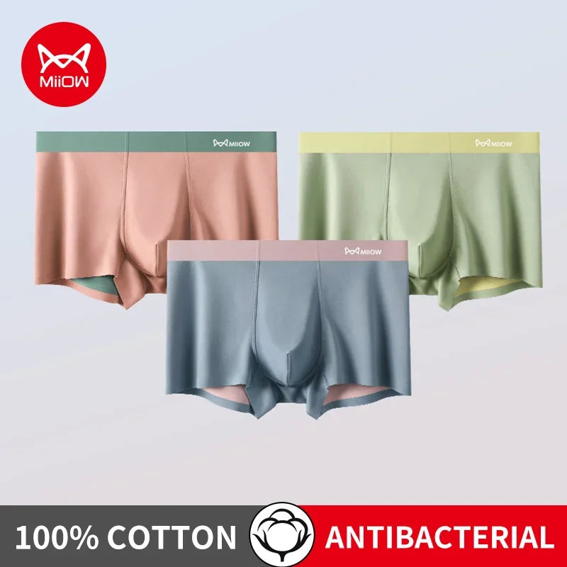 MiiOW 3Pcs Cotton Antibacterial Crotch Men's Panties Comfortable Winter Men Underwear Boxers Dry Seamless Mens Underpants Trunks