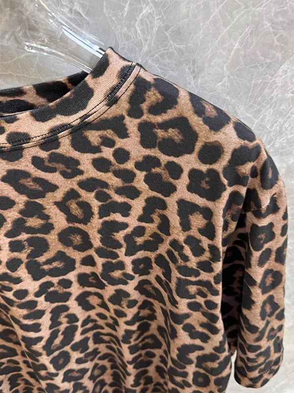 High-End Women's Retro Leopard Print round Neck Loose Short Sleeve T-Shirt 2025 New Style Commute Style Casual Inner Wear