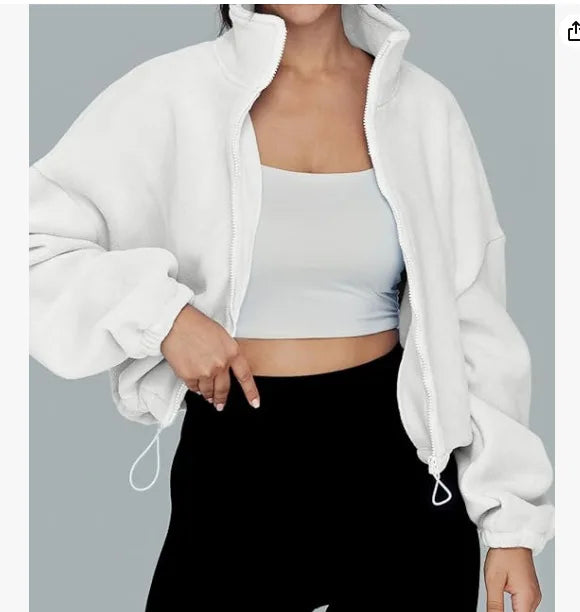Loose Stand Collar Fleece Casual Jacket Women's Comfortable Polyester Blend Long Sleeve Zipper Closure Fashionable Sweatshirt