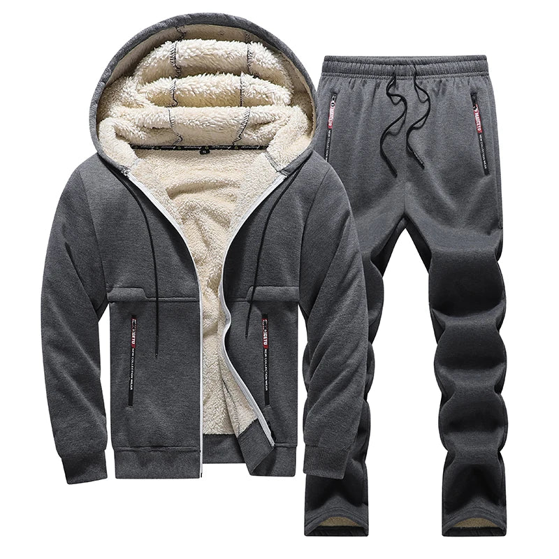 Lamb fleece suit men's hooded jacket men's thick winter sports suit men's cardigan two-piece set men's hoodie men's sweatpants m